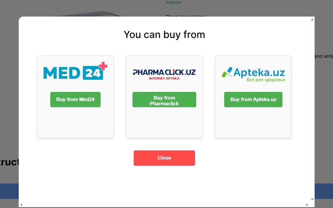 Окно заказа: выбор аптеки-партнёра — Med24, PharmaClick, Apteka.uz