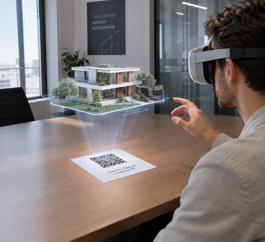 Переговорная: над QR-кодом на столе парит 3D-модель дома, человек в очках смешанной реальности рассматривает её
